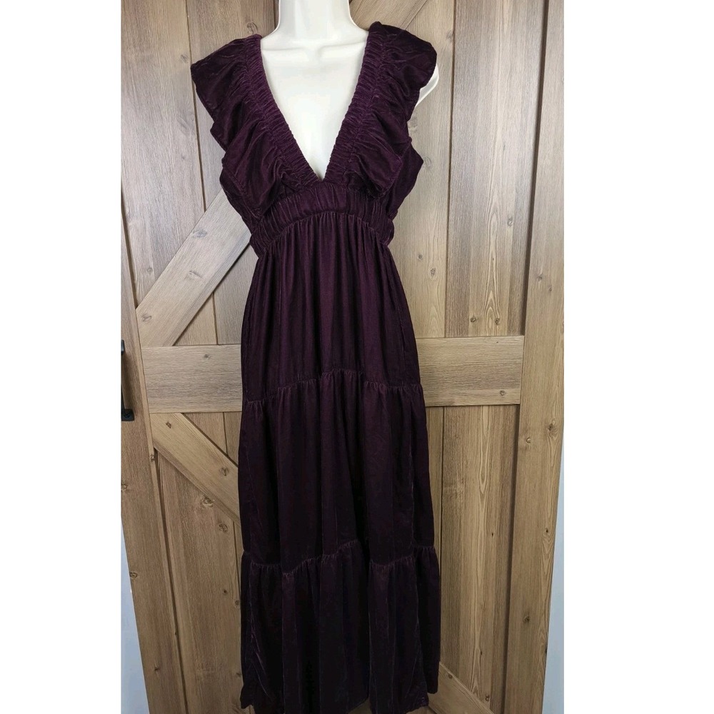 Madison Mathews Velvet Maxi Dress Purple Ruffle V-Neck Tiered Smocked Waist XS